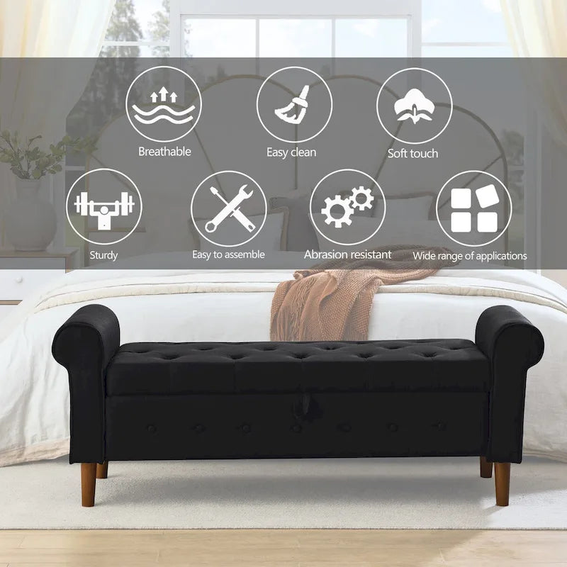 Banc de rangement capitonné à 62 boutons pour chambre à coucher, pouf moderne en tissu, banc de fenêtre, design à accoudoirs roulés pour chambre à coucher