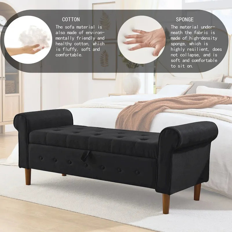 Banc de rangement capitonné à 62 boutons pour chambre à coucher, pouf moderne en tissu, banc de fenêtre, design à accoudoirs roulés pour chambre à coucher