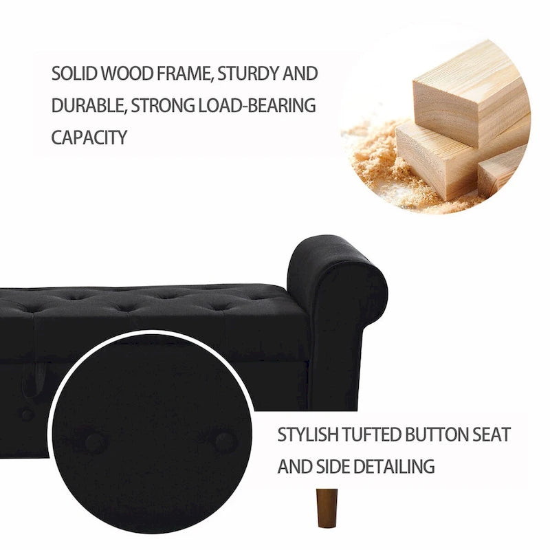 Banc de rangement capitonné à 62 boutons pour chambre à coucher, pouf moderne en tissu, banc de fenêtre, design à accoudoirs roulés pour chambre à coucher