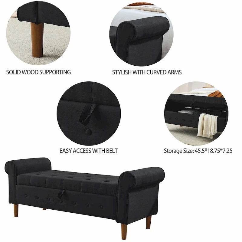 Banc de rangement capitonné à 62 boutons pour chambre à coucher, pouf moderne en tissu, banc de fenêtre, design à accoudoirs roulés pour chambre à coucher