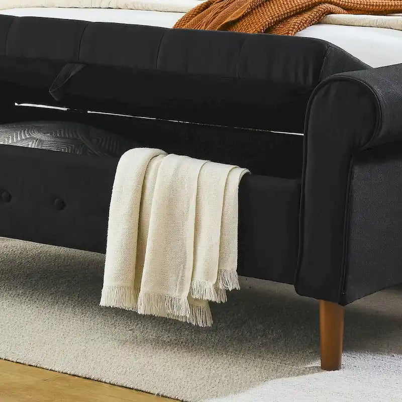 Banc de rangement capitonné à 62 boutons pour chambre à coucher, pouf moderne en tissu, banc de fenêtre, design à accoudoirs roulés pour chambre à coucher