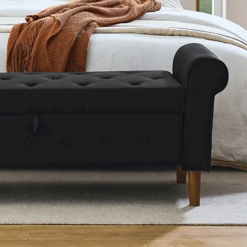 Banc de rangement capitonné à 62 boutons pour chambre à coucher, pouf moderne en tissu, banc de fenêtre, design à accoudoirs roulés pour chambre à coucher