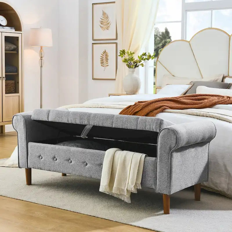Banc de rangement capitonné à 62 boutons pour chambre à coucher, pouf moderne en tissu, banc de fenêtre, design à accoudoirs roulés pour chambre à coucher