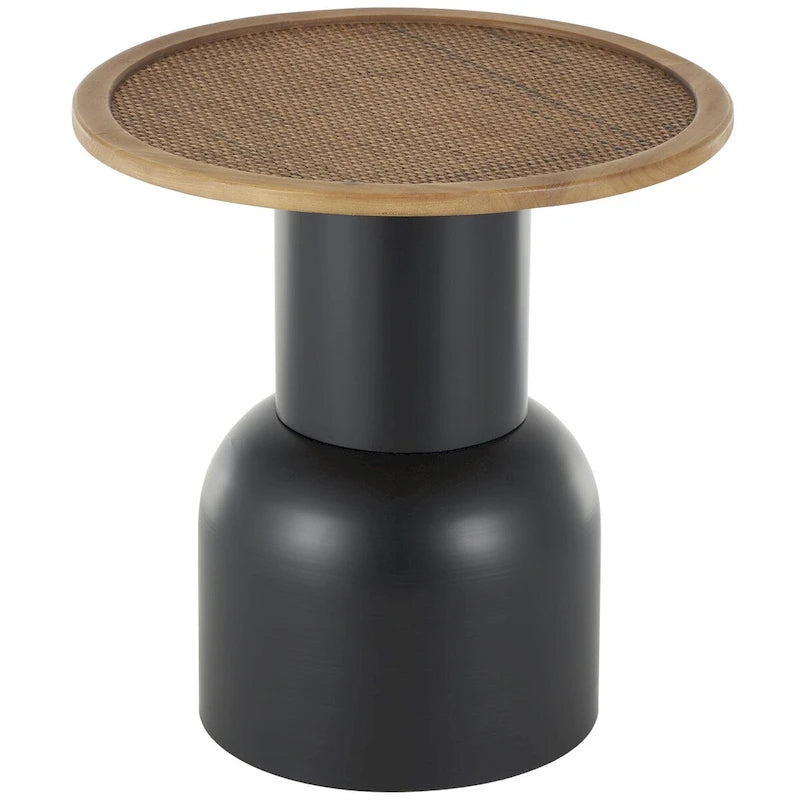 Table d'appoint ou de chevet piédestal fabriquée à la main en métal avec plateau en rotin marron - Noir - Roche River Decor