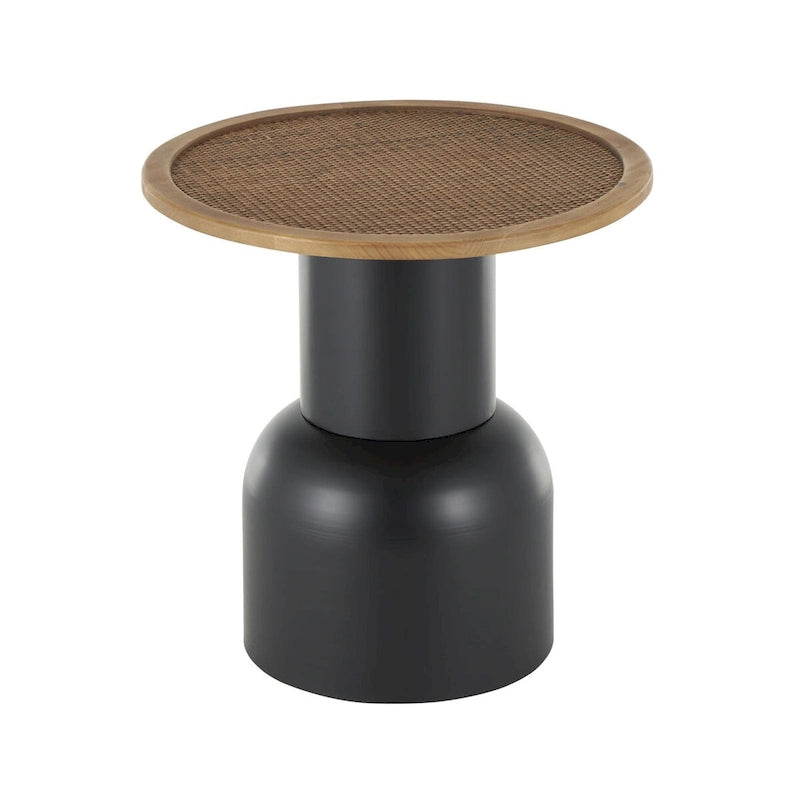 Table d'appoint ou de chevet piédestal fabriquée à la main en métal avec plateau en rotin marron - Noir - Roche River Decor
