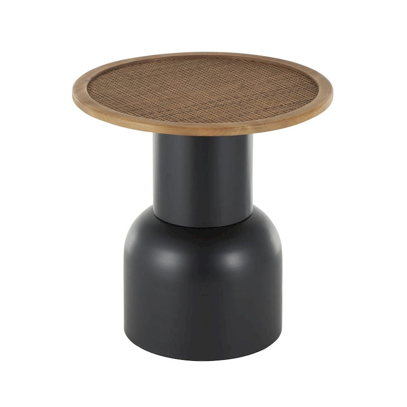 Table d'appoint ou de chevet piédestal fabriquée à la main en métal avec plateau en rotin marron - Noir - Roche River Decor