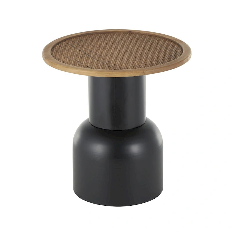 Table d'appoint ou de chevet piédestal fabriquée à la main en métal avec plateau en rotin marron - Noir - Roche River Decor