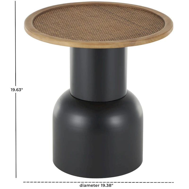 Table d'appoint ou de chevet piédestal fabriquée à la main en métal avec plateau en rotin marron - Noir - Roche River Decor