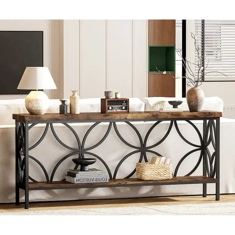 Console étroite extra longue avec cadre en métal et finition en bois rustique - 70.86 L x 11.81 l x 31.88 H