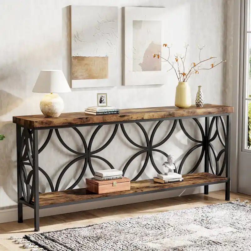 Console étroite extra longue avec cadre en métal et finition en bois rustique - 70.86 L x 11.81 l x 31.88 H