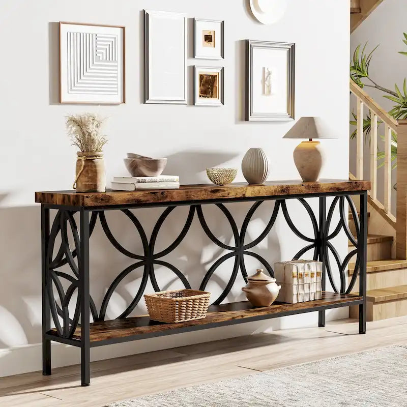 Console étroite extra longue avec cadre en métal et finition en bois rustique - 70.86 L x 11.81 l x 31.88 H