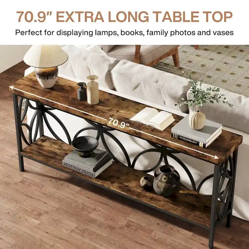 Console étroite extra longue avec cadre en métal et finition en bois rustique - 70.86 L x 11.81 l x 31.88 H