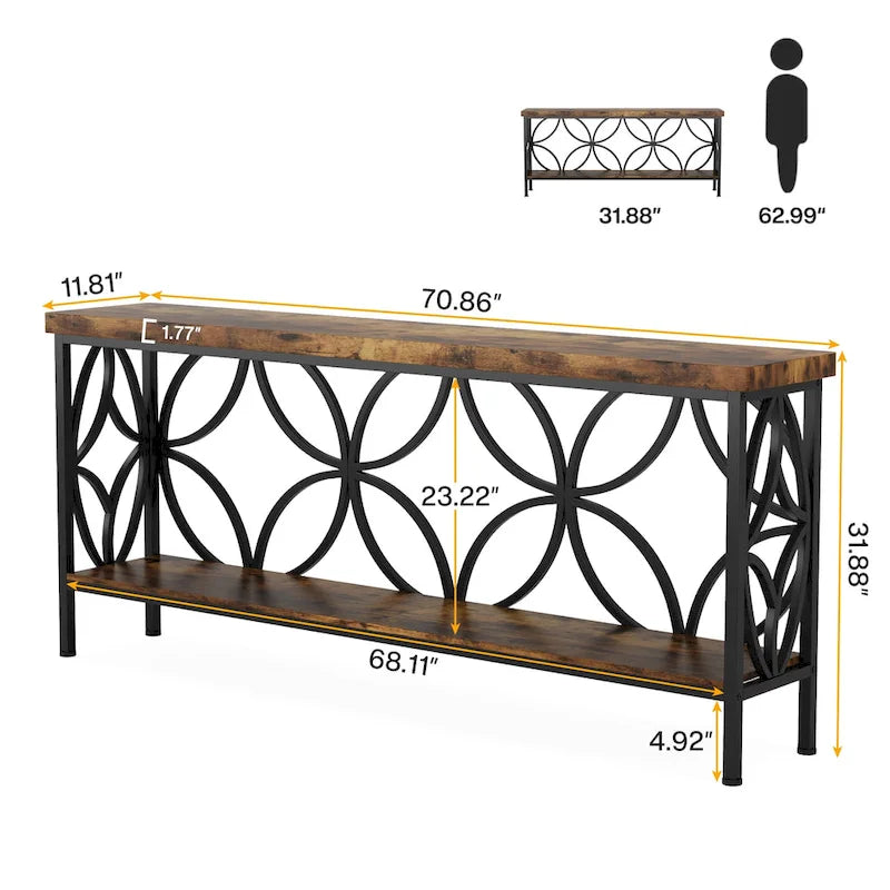 Console étroite extra longue avec cadre en métal et finition en bois rustique - 70.86 L x 11.81 l x 31.88 H