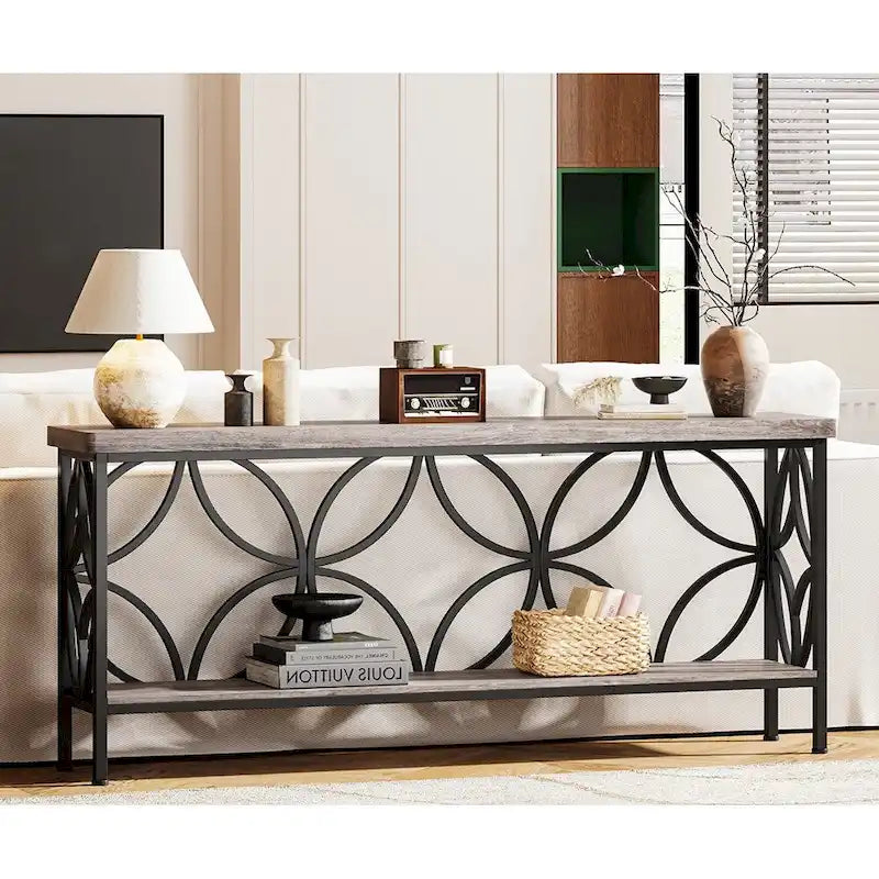 Console étroite extra longue avec cadre en métal et finition en bois rustique - 70.86 L x 11.81 l x 31.88 H