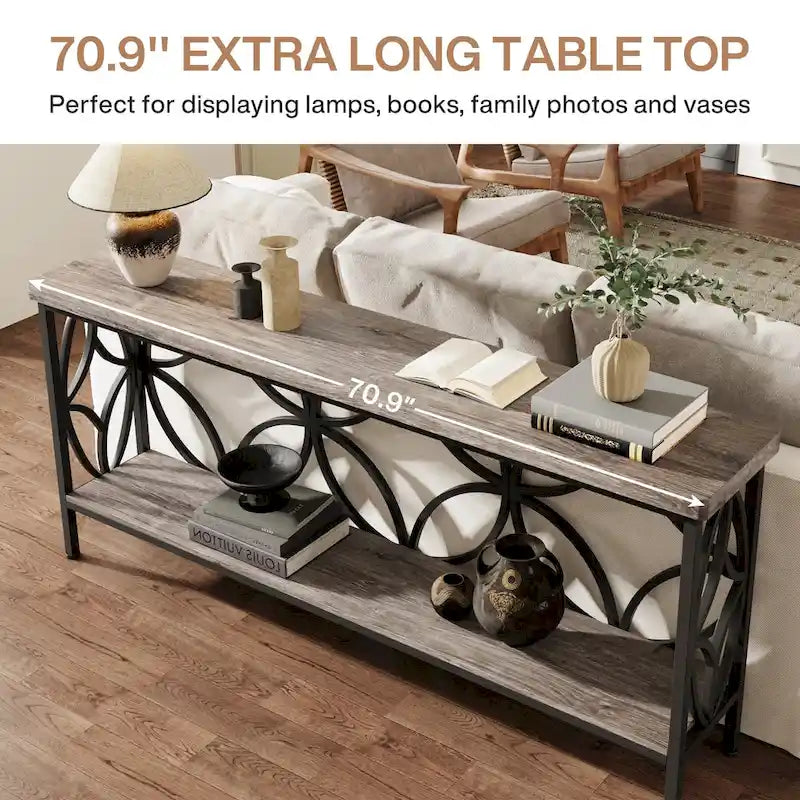 Console étroite extra longue avec cadre en métal et finition en bois rustique - 70.86 L x 11.81 l x 31.88 H