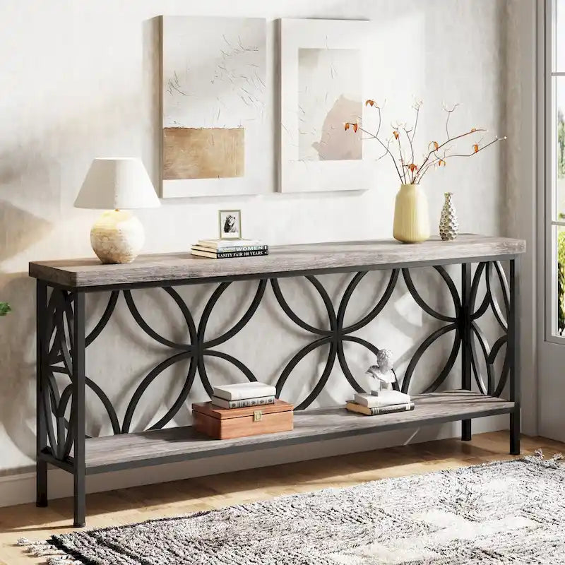 Console étroite extra longue avec cadre en métal et finition en bois rustique - 70.86 L x 11.81 l x 31.88 H