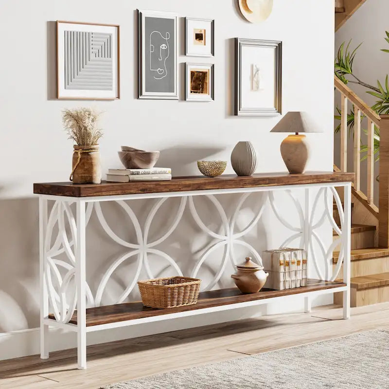 Console étroite extra longue avec cadre en métal et finition en bois rustique - 70.86 L x 11.81 l x 31.88 H