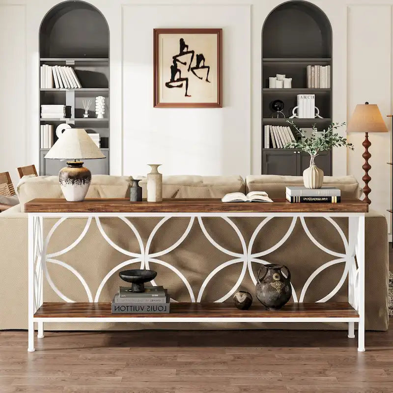 Console étroite extra longue avec cadre en métal et finition en bois rustique - 70.86 L x 11.81 l x 31.88 H