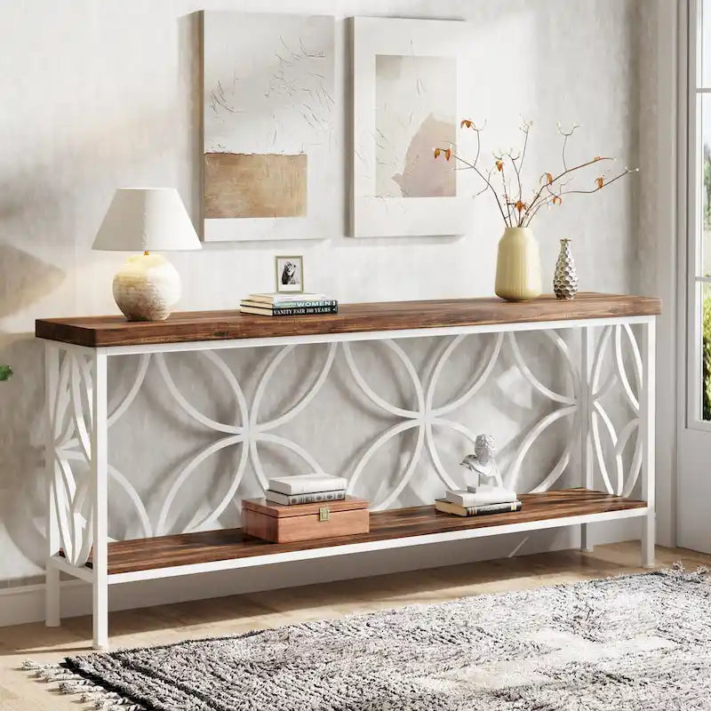 Console étroite extra longue avec cadre en métal et finition en bois rustique - 70.86 L x 11.81 l x 31.88 H