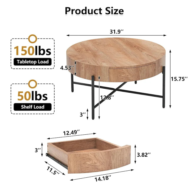 Table basse ronde avec deux tiroirs - Naturel