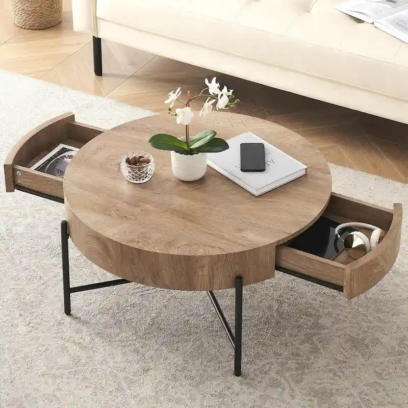 Table basse ronde avec deux tiroirs - Naturel