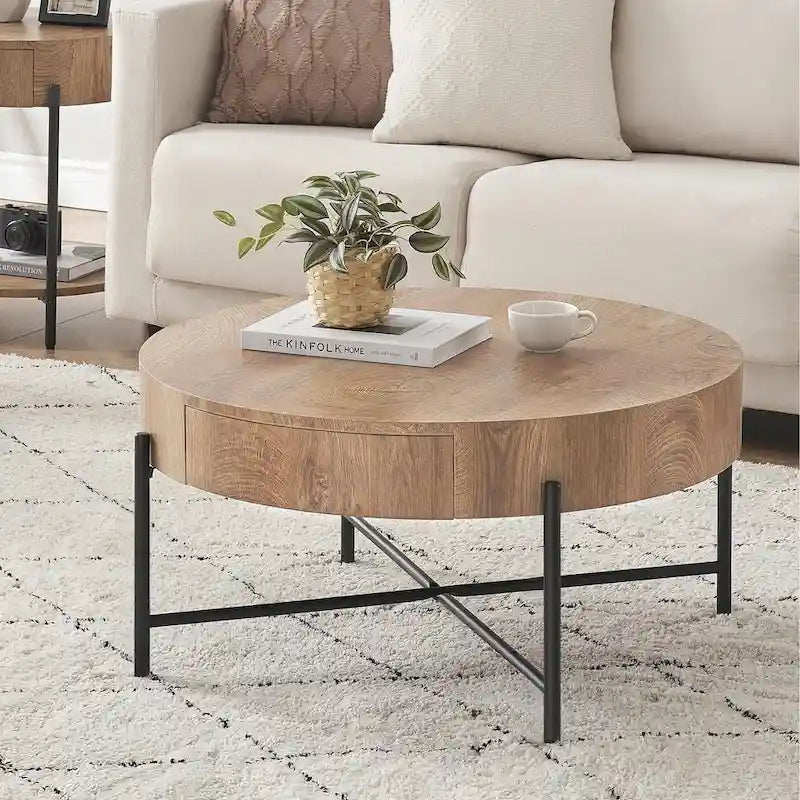 Table basse ronde avec deux tiroirs - Naturel
