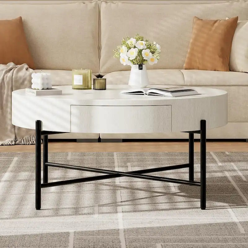 Table basse ronde avec deux tiroirs - Naturel