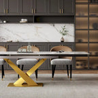 Ensemble de salle à manger 9 pièces avec table à manger rectangulaire extensible en pierre frittée de 240 cm et 8 chaises en similicuir