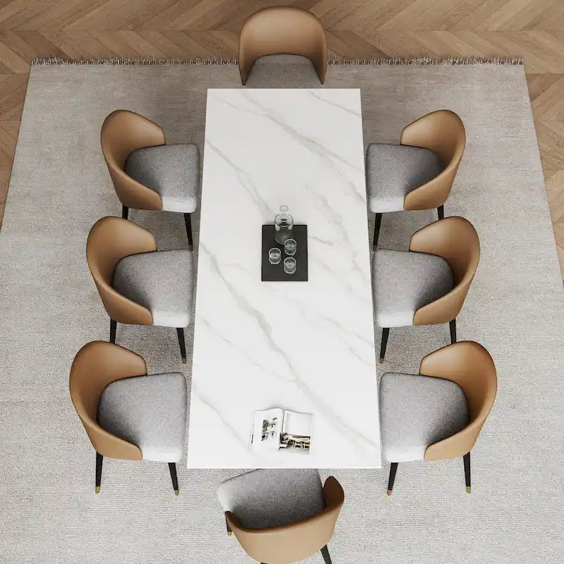 Ensemble de salle à manger 9 pièces avec table à manger rectangulaire extensible en pierre frittée de 240 cm et 8 chaises en similicuir