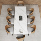 Ensemble de salle à manger 9 pièces avec table à manger rectangulaire extensible en pierre frittée de 240 cm et 8 chaises en similicuir