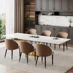 Ensemble de salle à manger 9 pièces avec table à manger rectangulaire extensible en pierre frittée de 240 cm et 8 chaises en similicuir