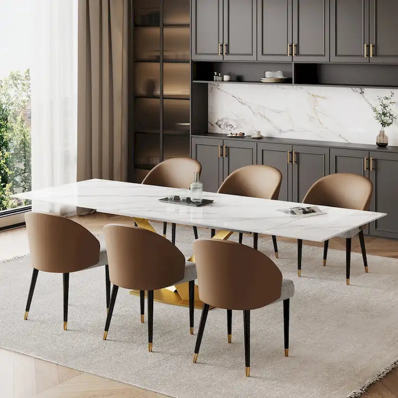 Ensemble de salle à manger 9 pièces avec table à manger rectangulaire extensible en pierre frittée de 240 cm et 8 chaises en similicuir