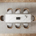 Ensemble de salle à manger 9 pièces avec table à manger rectangulaire extensible en pierre frittée de 240 cm et 8 chaises en similicuir