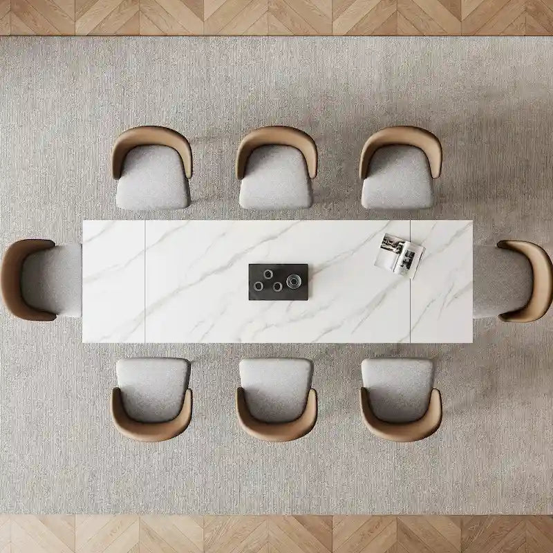 Ensemble de salle à manger 9 pièces avec table à manger rectangulaire extensible en pierre frittée de 240 cm et 8 chaises en similicuir