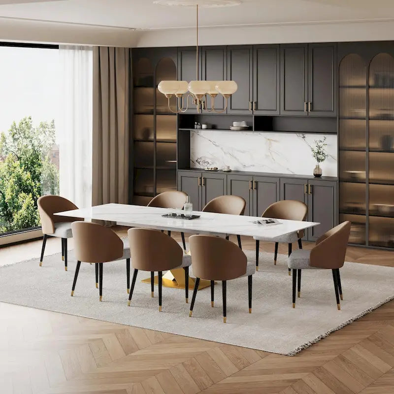 Ensemble de salle à manger 9 pièces avec table à manger rectangulaire extensible en pierre frittée de 240 cm et 8 chaises en similicuir