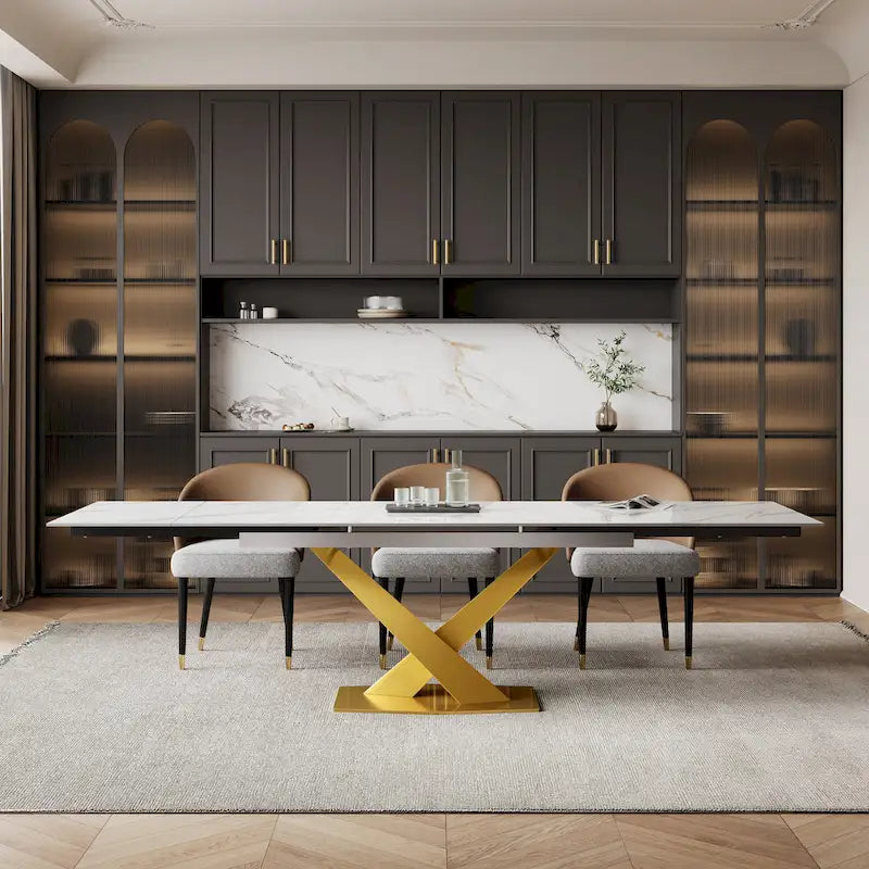 Ensemble de salle à manger 9 pièces avec table à manger rectangulaire extensible en pierre frittée de 240 cm et 8 chaises en similicuir