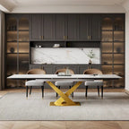 Ensemble de salle à manger 9 pièces avec table à manger rectangulaire extensible en pierre frittée de 240 cm et 8 chaises en similicuir