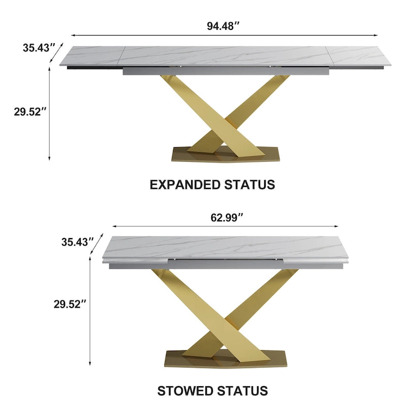 Ensemble de salle à manger 9 pièces avec table à manger rectangulaire extensible en pierre frittée de 240 cm et 8 chaises en similicuir