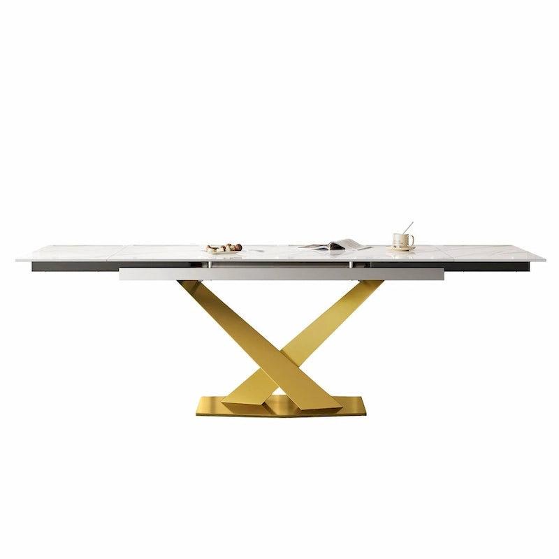 Ensemble de salle à manger 9 pièces avec table à manger rectangulaire extensible en pierre frittée de 240 cm et 8 chaises en similicuir