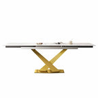 Ensemble de salle à manger 9 pièces avec table à manger rectangulaire extensible en pierre frittée de 240 cm et 8 chaises en similicuir