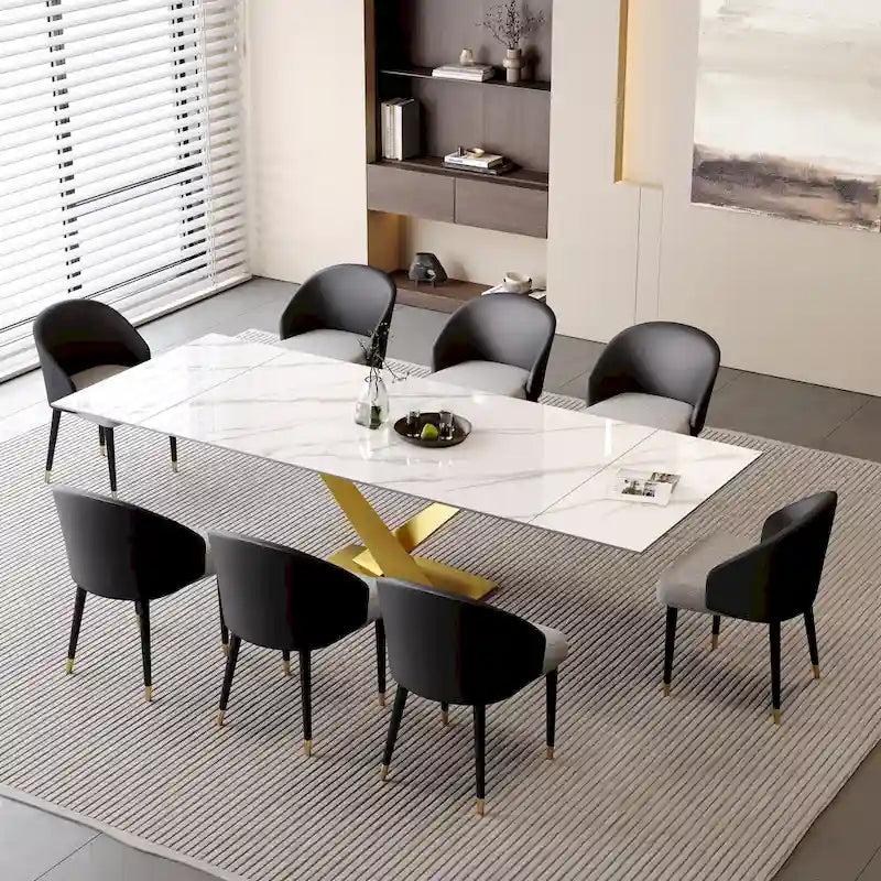Ensemble de salle à manger 9 pièces avec table à manger rectangulaire extensible en pierre frittée de 240 cm et 8 chaises en similicuir