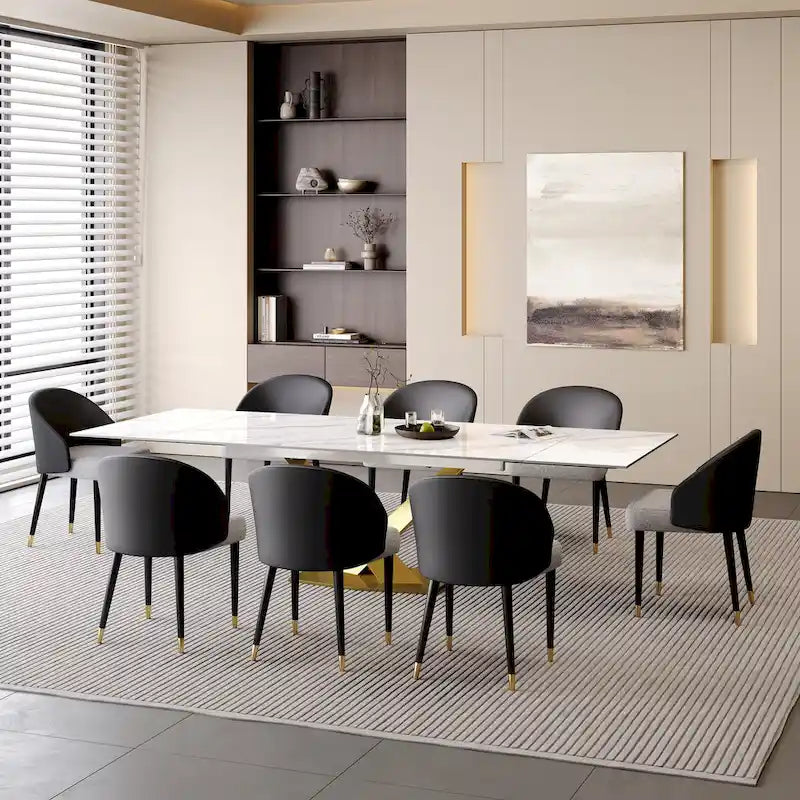 Ensemble de salle à manger 9 pièces avec table à manger rectangulaire extensible en pierre frittée de 240 cm et 8 chaises en similicuir