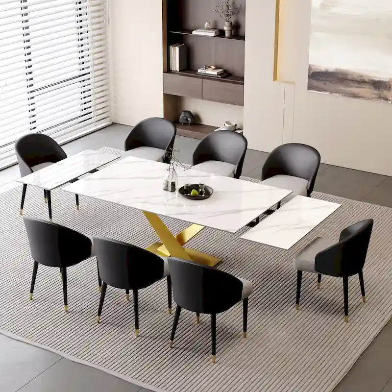 Ensemble de salle à manger 9 pièces avec table à manger rectangulaire extensible en pierre frittée de 240 cm et 8 chaises en similicuir