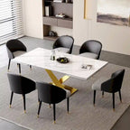 Ensemble de salle à manger 9 pièces avec table à manger rectangulaire extensible en pierre frittée de 240 cm et 8 chaises en similicuir