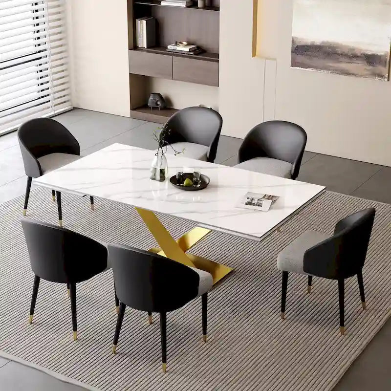 Ensemble de salle à manger 9 pièces avec table à manger rectangulaire extensible en pierre frittée de 240 cm et 8 chaises en similicuir