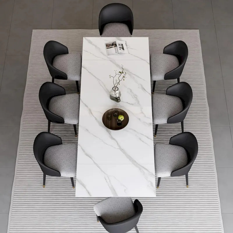 Ensemble de salle à manger 9 pièces avec table à manger rectangulaire extensible en pierre frittée de 240 cm et 8 chaises en similicuir