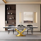 Ensemble de salle à manger 9 pièces avec table à manger rectangulaire extensible en pierre frittée de 240 cm et 8 chaises en similicuir