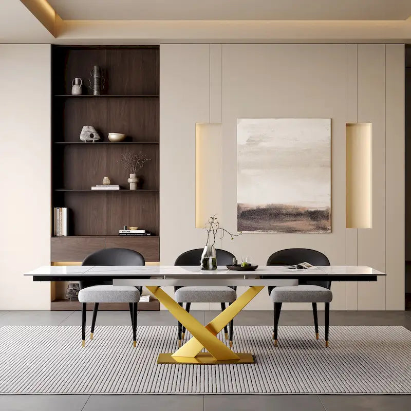 Ensemble de salle à manger 9 pièces avec table à manger rectangulaire extensible en pierre frittée de 240 cm et 8 chaises en similicuir