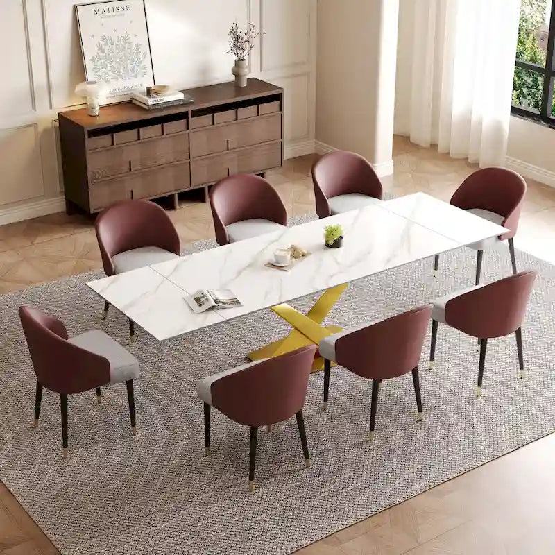 Ensemble de salle à manger 9 pièces avec table à manger rectangulaire extensible en pierre frittée de 240 cm et 8 chaises en similicuir