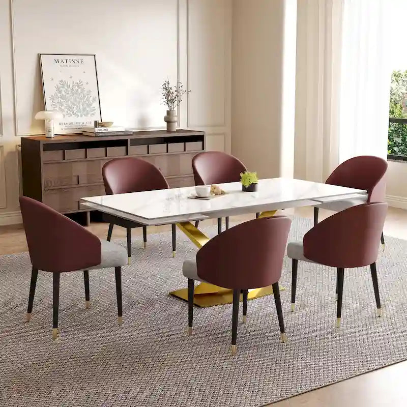 Ensemble de salle à manger 9 pièces avec table à manger rectangulaire extensible en pierre frittée de 240 cm et 8 chaises en similicuir